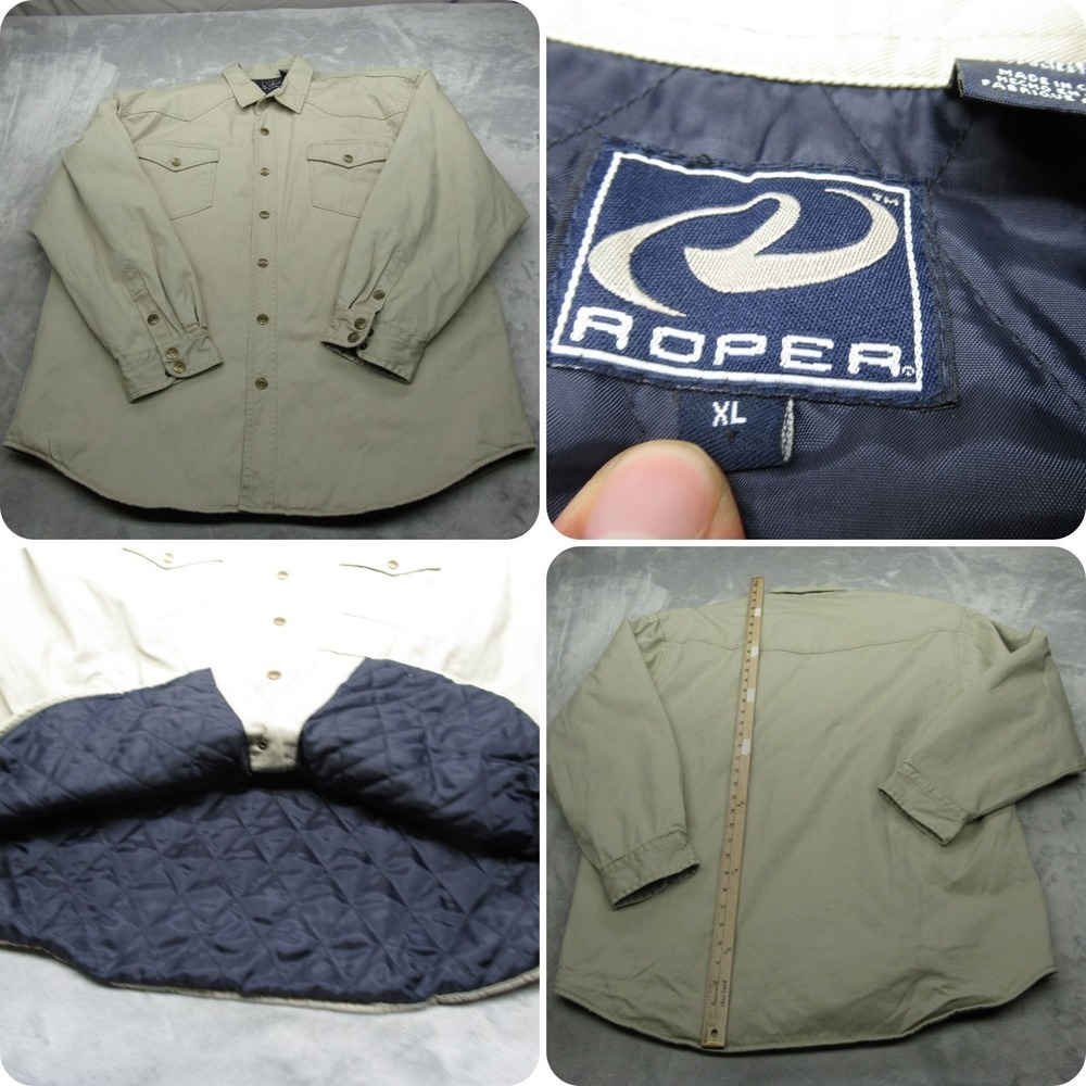 Roper Shirt Jacket Mens XL Beige Pockets Insulated Quilt Lined Button Up Western